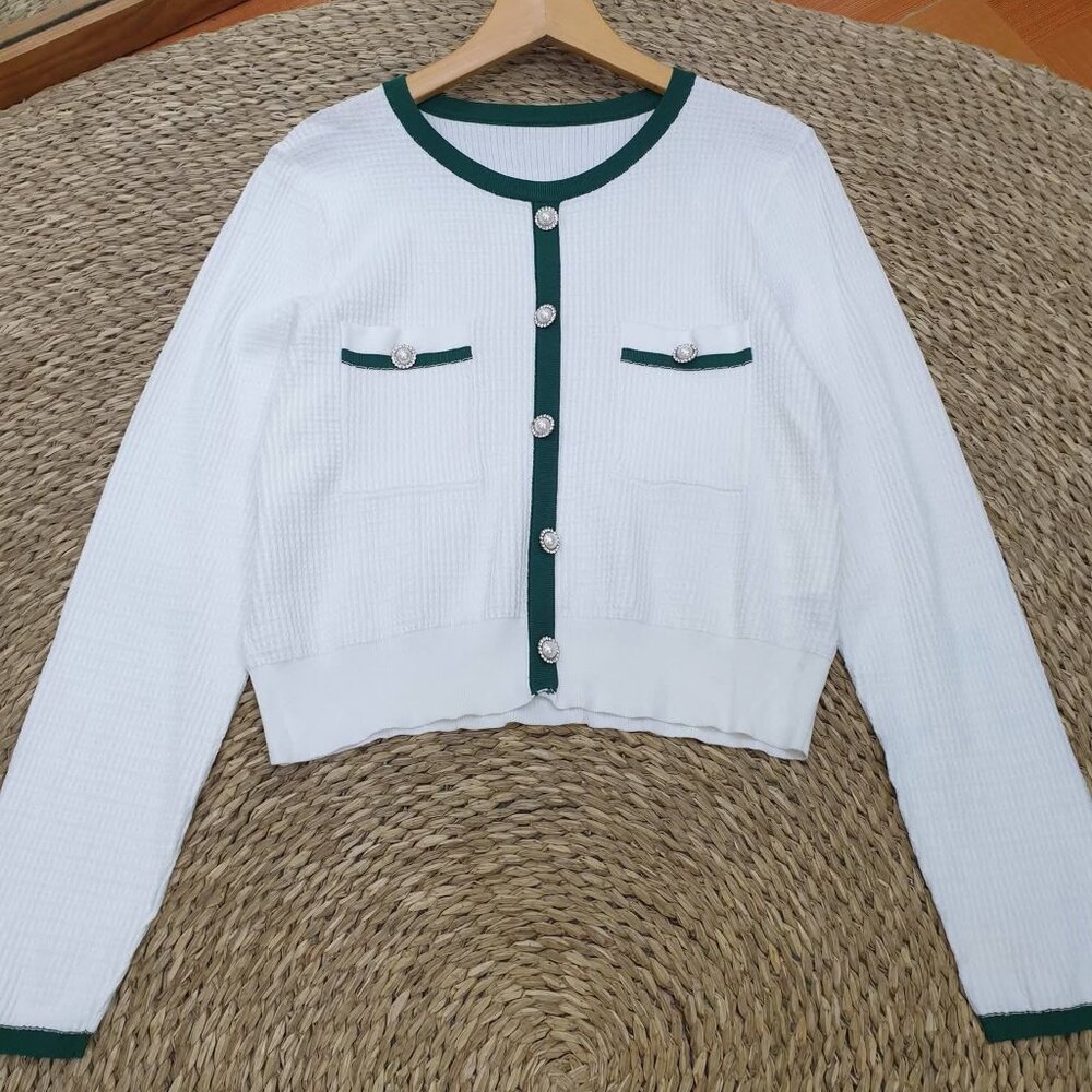 White Green Trim Pearl Button Knit Crop Cardigan Chic Preppy Top 💚